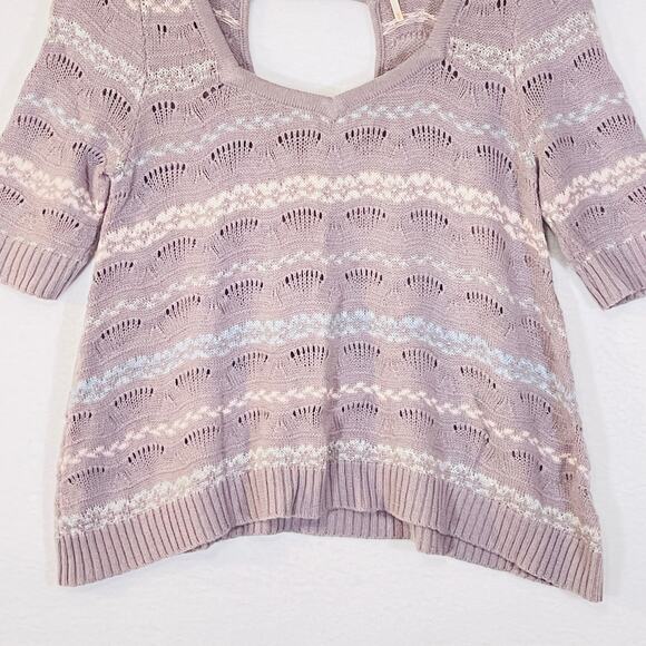 Free People Sweater Womens Medium Purple Striped Sweetheart Neck Short Sleeve - Picture 11 of 16